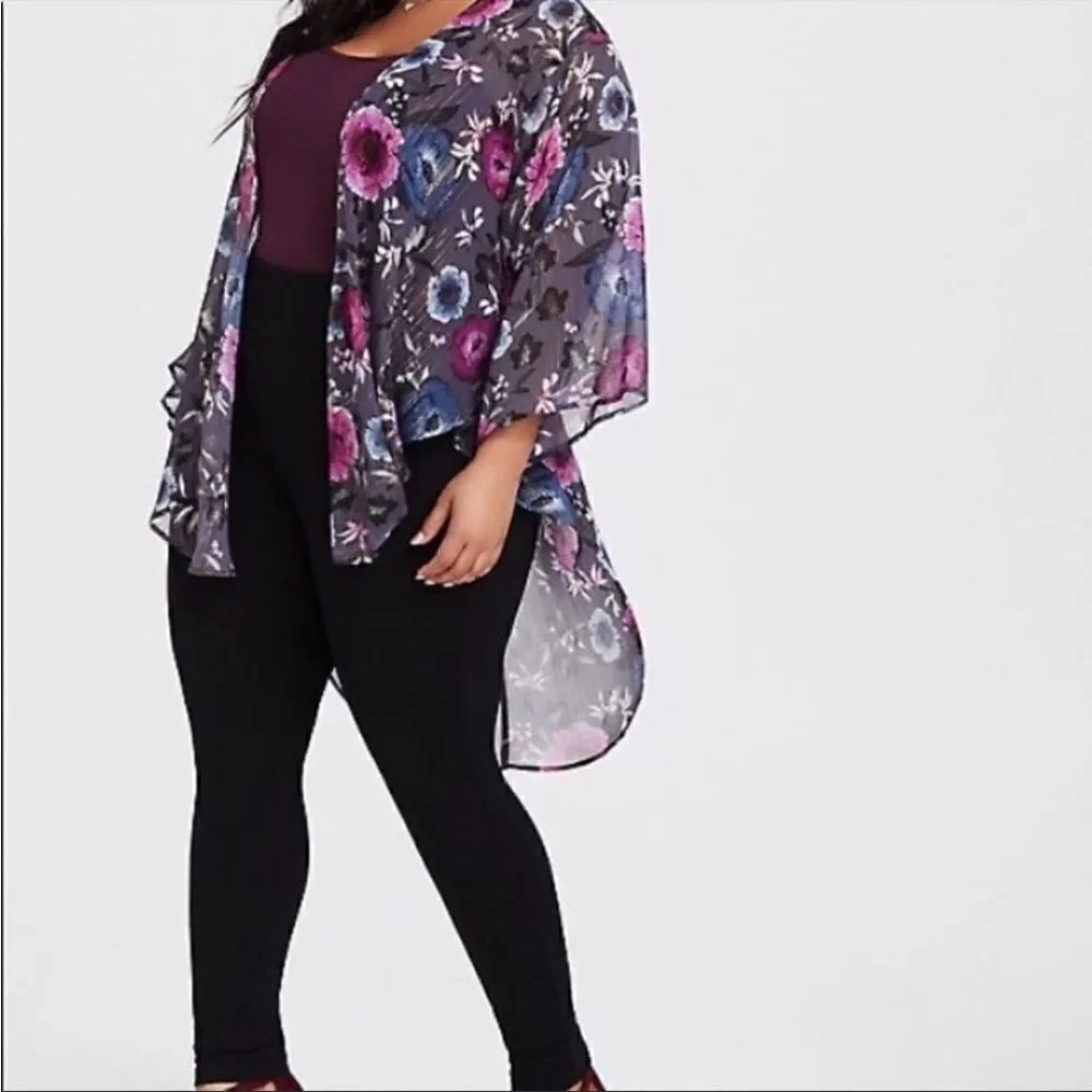 Torrid Floral Print Boho Sheer Open Style Hi-Lo Shirttail Kimono Festival Beach